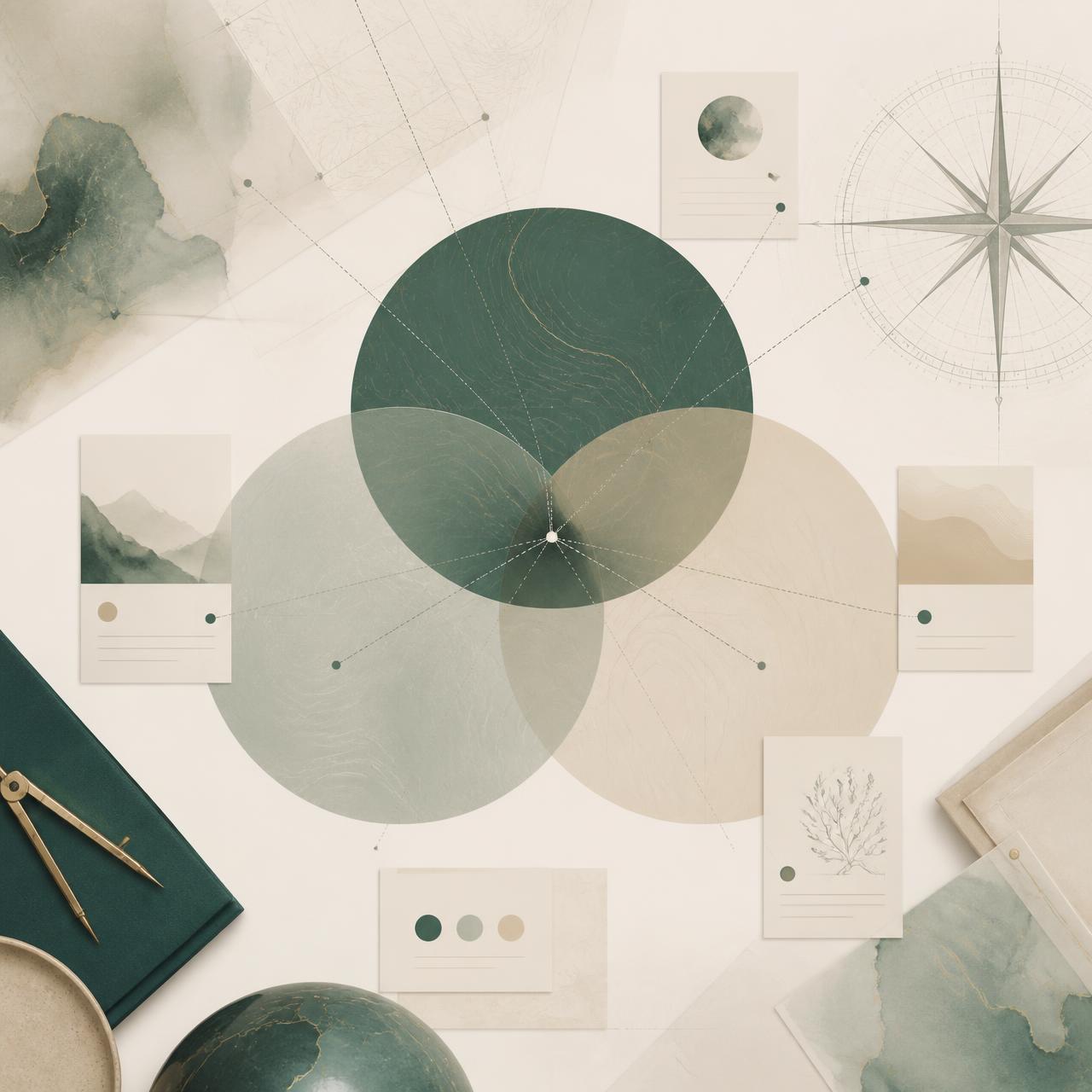 Abstract cartographer's desk illustration — overlapping circles, compass rose and dossier cards converging